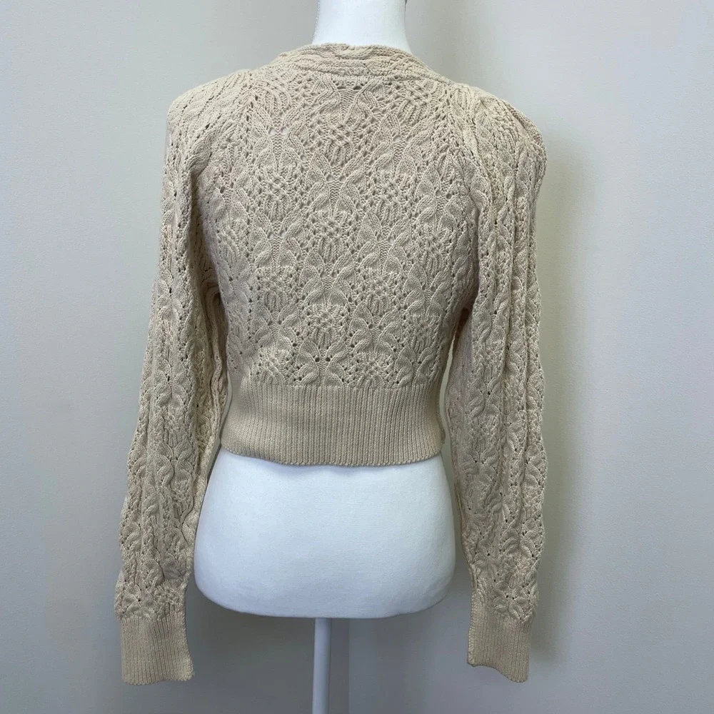Free People Cream Pointelle Cable Knit Wrap Cardigan XS Puff Sleeve Cropped